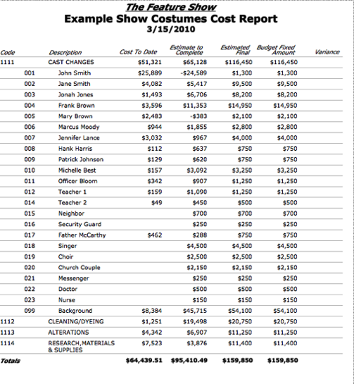 Budget cost report